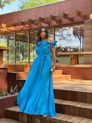 Vestido Longo Flores 3D Ombro A Ombro.