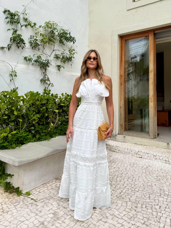 Vestido Algodao Bordado Ondas Conchas 3D