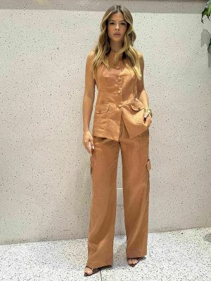 Calca Reta Linho 100% Bolso Cargo