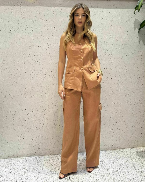 Calca Reta Linho 100% Bolso Cargo