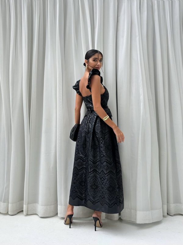 Vestido Couro Bordado Saia Pregas-Imagem 2