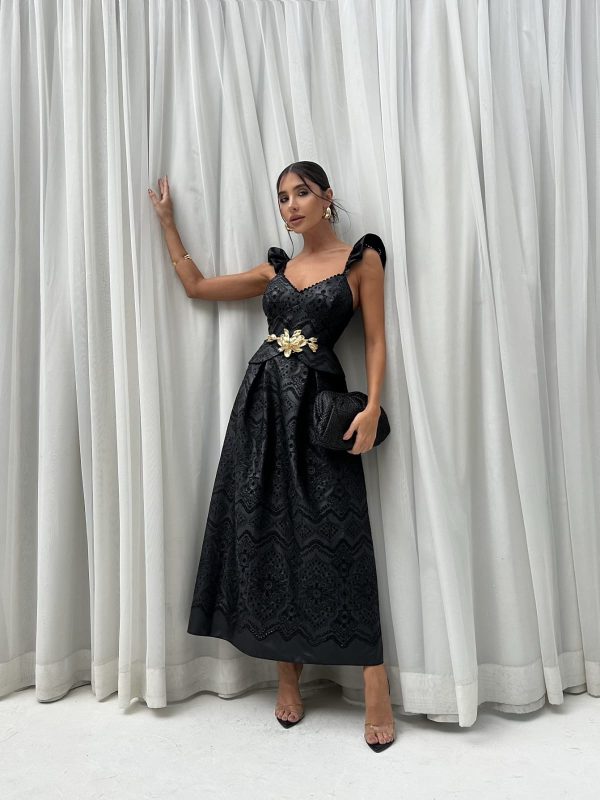 Vestido Couro Bordado Saia Pregas-Imagem 3
