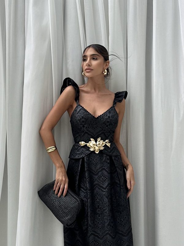Vestido Couro Bordado Saia Pregas-Imagem 4
