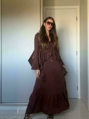 Vestido Viscose Decote Pregas Jabo Cintura