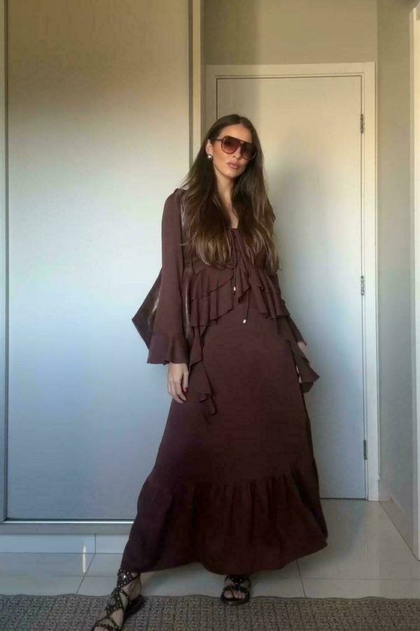 Vestido Viscose Decote Pregas Jabo Cintura