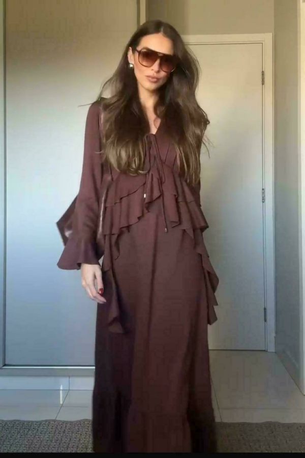 Vestido Viscose Decote Pregas Jabo Cintura-Imagem 3
