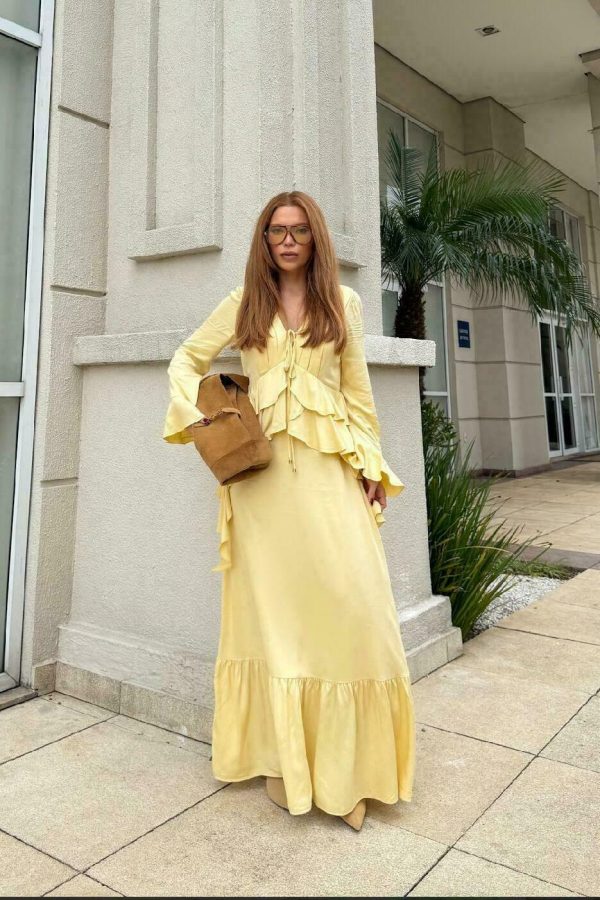 Vestido Viscose Decote Pregas Jabo Cintura-Imagem 4