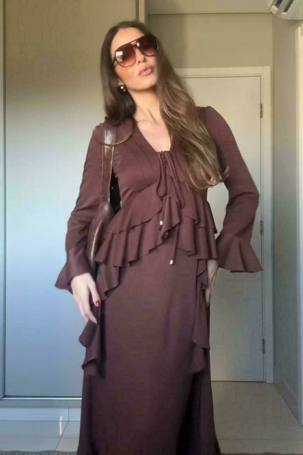Vestido Viscose Decote Pregas Jabo Cintura-Imagem 8