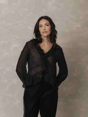 Blusa Babado Poa Metalizado Manga Longa