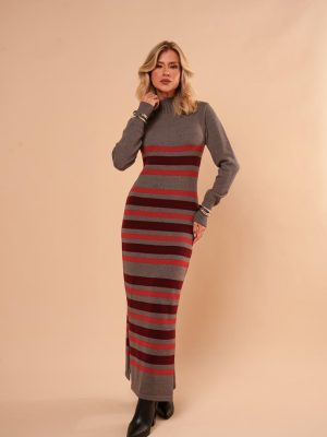 Vestido Tricot Listrado Gola Alta Maria