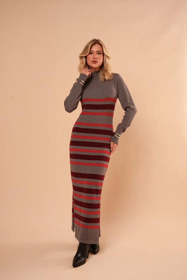 Vestido Tricot Listrado Gola Alta Maria