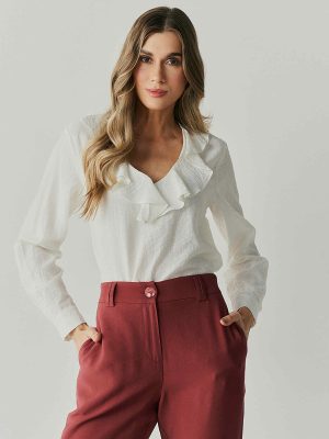 Blusa Poliamida Linho Babado Decote