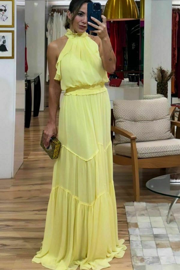Vestido Longo Gola Alta Com Lastex Em Chiffon Melissani-Imagem 2