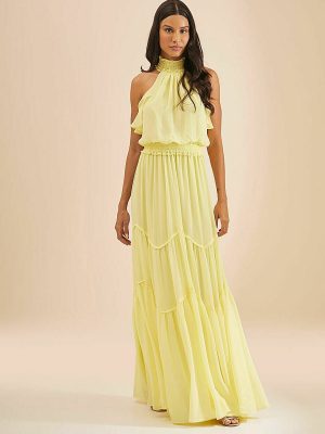 Vestido Longo Gola Alta Com Lastex Em Chiffon Melissani