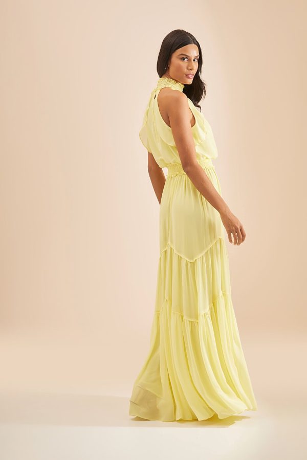 Vestido Longo Gola Alta Com Lastex Em Chiffon Melissani-Imagem 4