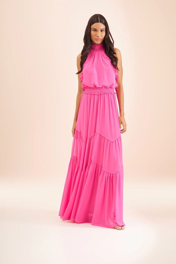 Vestido Longo Gola Alta Com Lastex Em Chiffon Melissani-Imagem 5
