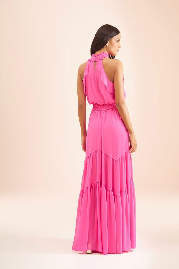Vestido Longo Gola Alta Com Lastex Em Chiffon Melissani-Imagem 6