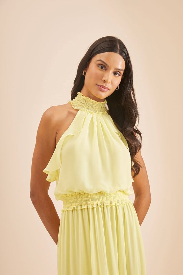 Vestido Longo Gola Alta Com Lastex Em Chiffon Melissani-Imagem 8