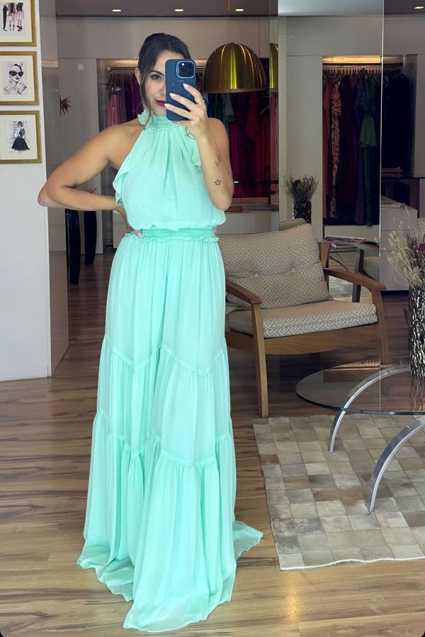 Vestido Longo Gola Alta Com Lastex Em Chiffon Melissani-Imagem 9