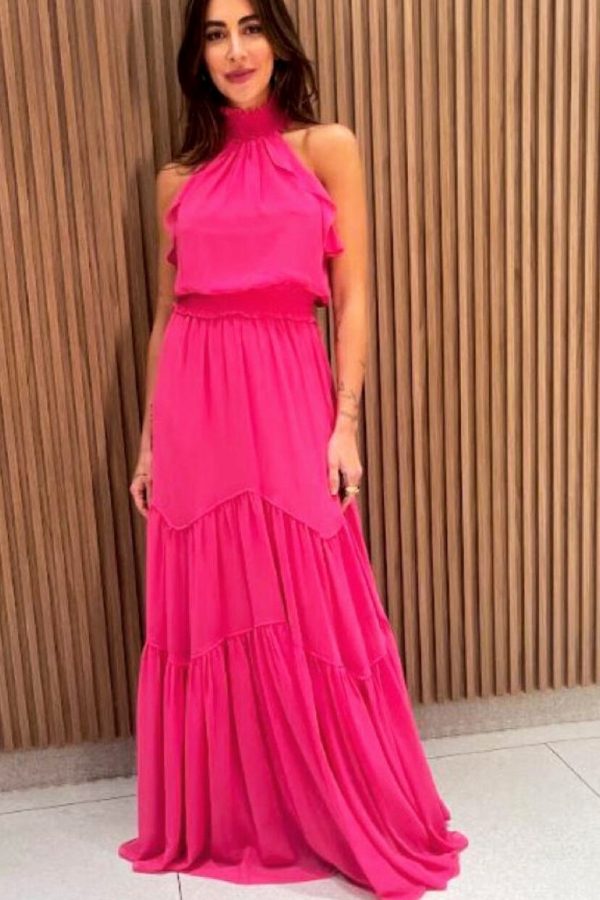 Vestido Longo Gola Alta Com Lastex Em Chiffon Melissani-Imagem 10