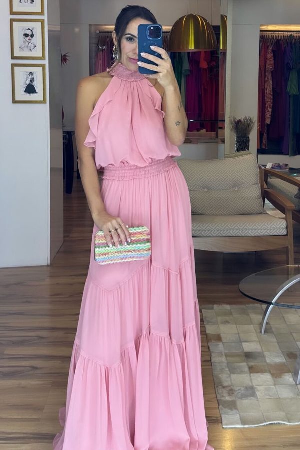 Vestido Longo Gola Alta Com Lastex Em Chiffon Melissani-Imagem 12