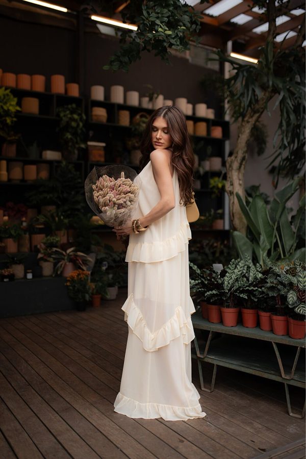Vestido Longo Gola Babados Crepe-Imagem 3