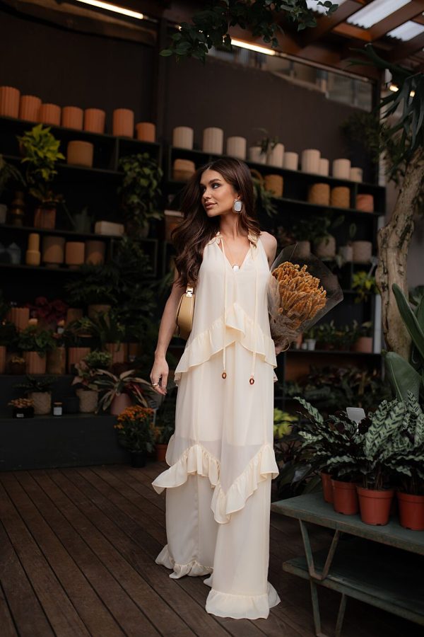 Vestido Longo Gola Babados Crepe-Imagem 5