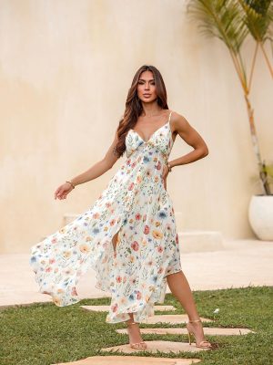 Conjunto Vestido Midi E Shorts Crepe Floral