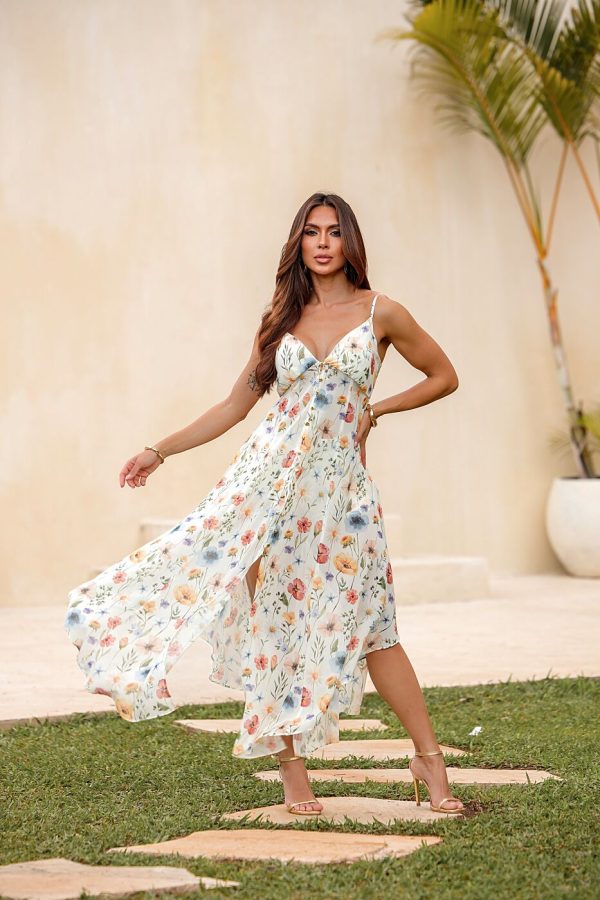 Conjunto Vestido Midi E Shorts Crepe Floral