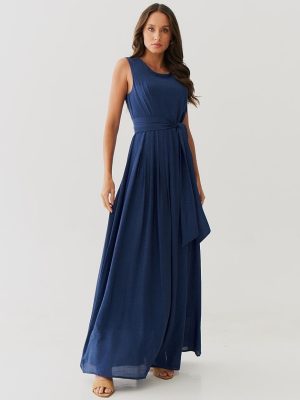 Vestido Longo Crepe Pregas Cintura