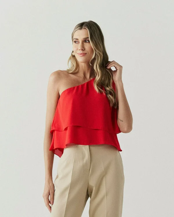Blusa Crepe Camadas Pregas Ombro