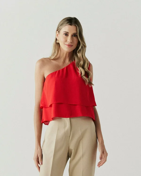 Blusa Crepe Camadas Pregas Ombro-Imagem 3