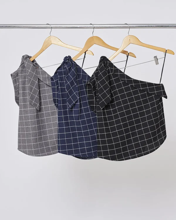 Blusa Linho Xadrez Um Ombro Com Faixa-Imagem 4