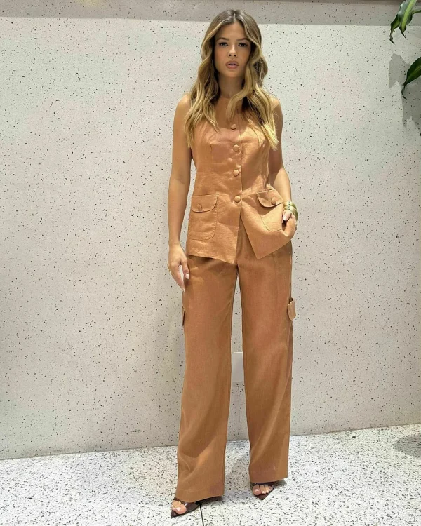 Calca Reta Linho 100% Bolso Cargo