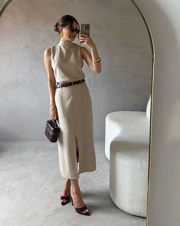 Saia Twill Midi Reta C/ Abertura E Cintinho-Imagem 3