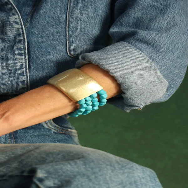 PULSEIRA DE MIÇANGAS TURQUESA COM PLACA DOURADA-Imagem 2