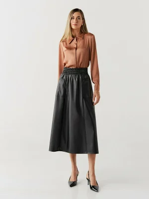 Saia Couro Pu Midi Elast Cintura Bolso Frente
