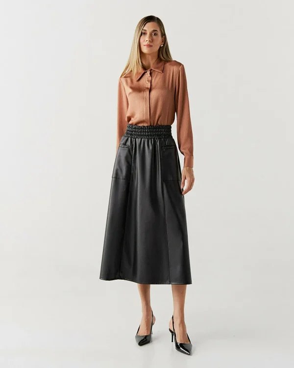 Saia Couro Pu Midi Elast Cintura Bolso Frente