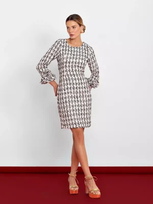 VESTIDO TWEED MANGA CÚPULA COM FLOR