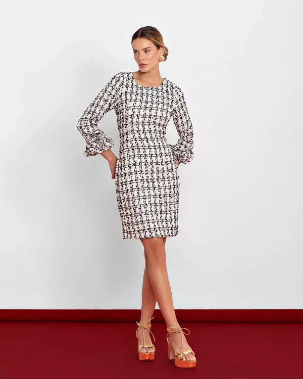 VESTIDO TWEED MANGA CÚPULA COM FLOR