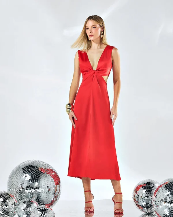 VESTIDO MIDI CETIM RECORTES