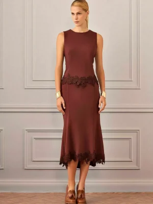 CONJUNTO BLUSA E SAIA MIDI RENDA GUIPURE BARRA