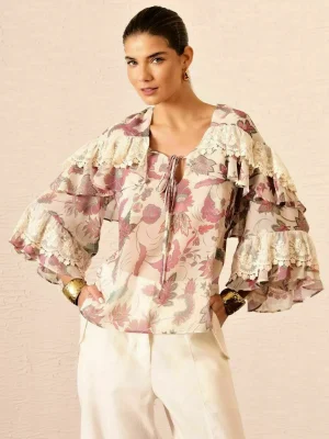 CAMISA FLORAL CHIFFON E RENDA