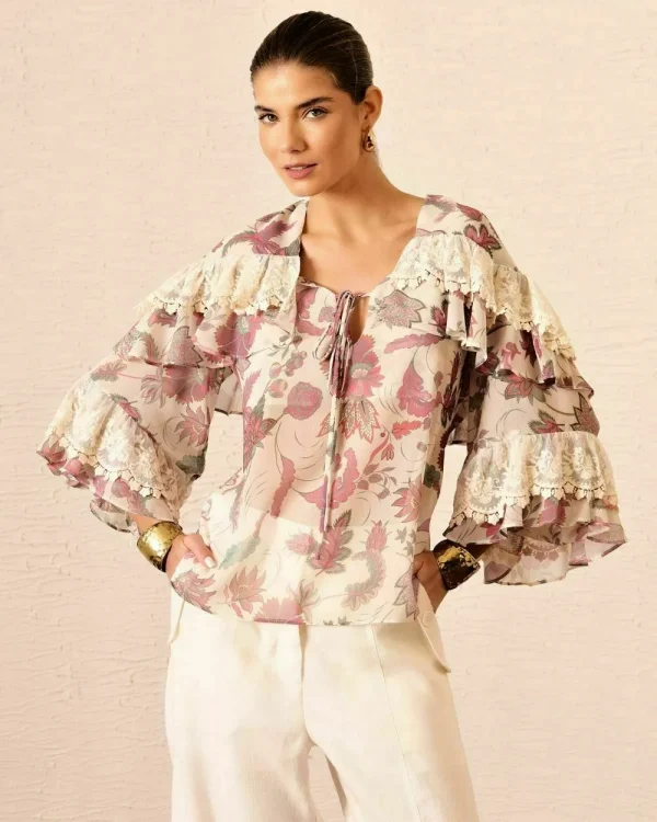 CAMISA FLORAL CHIFFON E RENDA