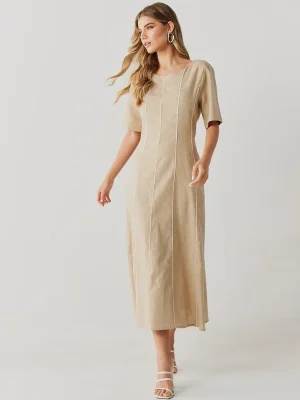 Vestido Linho Midi Recortes Com Vivo
