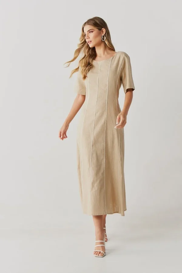 Vestido Linho Midi Recortes Com Vivo