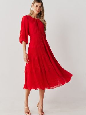 Vestido Midi Chiffon Camadas Com Manga