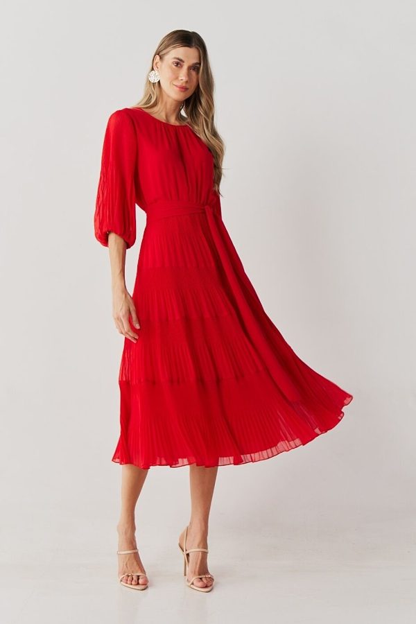 Vestido Midi Chiffon Camadas Com Manga