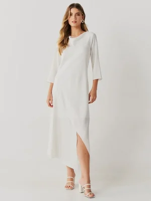 Vestido Midi Crepe Vies Degage Com Manga