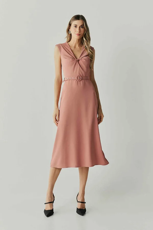 Vestido Alf Crepe Decote V Torcao Com Cinto